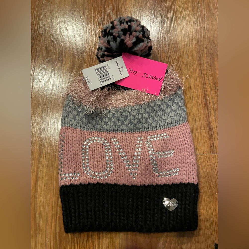 NWT Betsey Johnson Pink and Black LOVE Embellished Knit Beanie